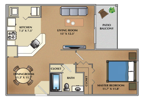 Floor plan for 1 bed, 1 bath, 795 sqft